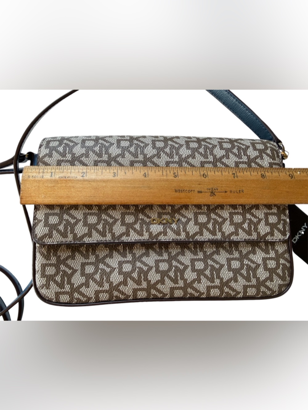 NWT DKNY Beige/Brown Monogram Crossbody with Gold Hardware & Gold Charm - Picture 5 of 6